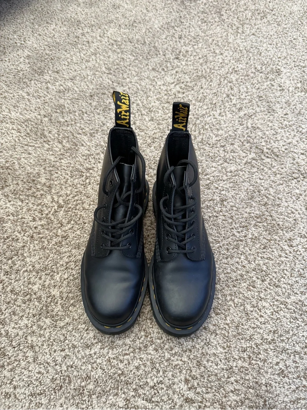 Dr. Martens Black Leather 6-Eye Lace-Up Boots with Yellow Stitching